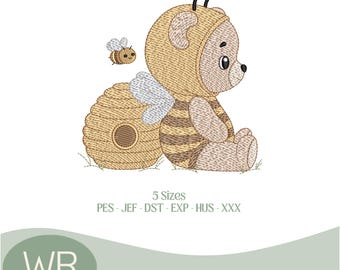 Motif de broderie Ours en peluche avec ruche – Adorable bébé abeille – Fichier de broderie machine – Téléchargement instantané