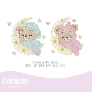 May include: Two embroidered teddy bears sleeping on crescent moons, surrounded by stars and hearts. One bear wears a blue nightcap and pajamas, the other a pink bow and pajamas. The design is for embroidery in 5 sizes and 2 designs.