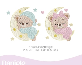May include: Two embroidered teddy bears sleeping on crescent moons, surrounded by stars and hearts. One bear wears a blue nightcap and pajamas, the other a pink bow and pajamas. The design is for embroidery in 5 sizes and 2 designs.