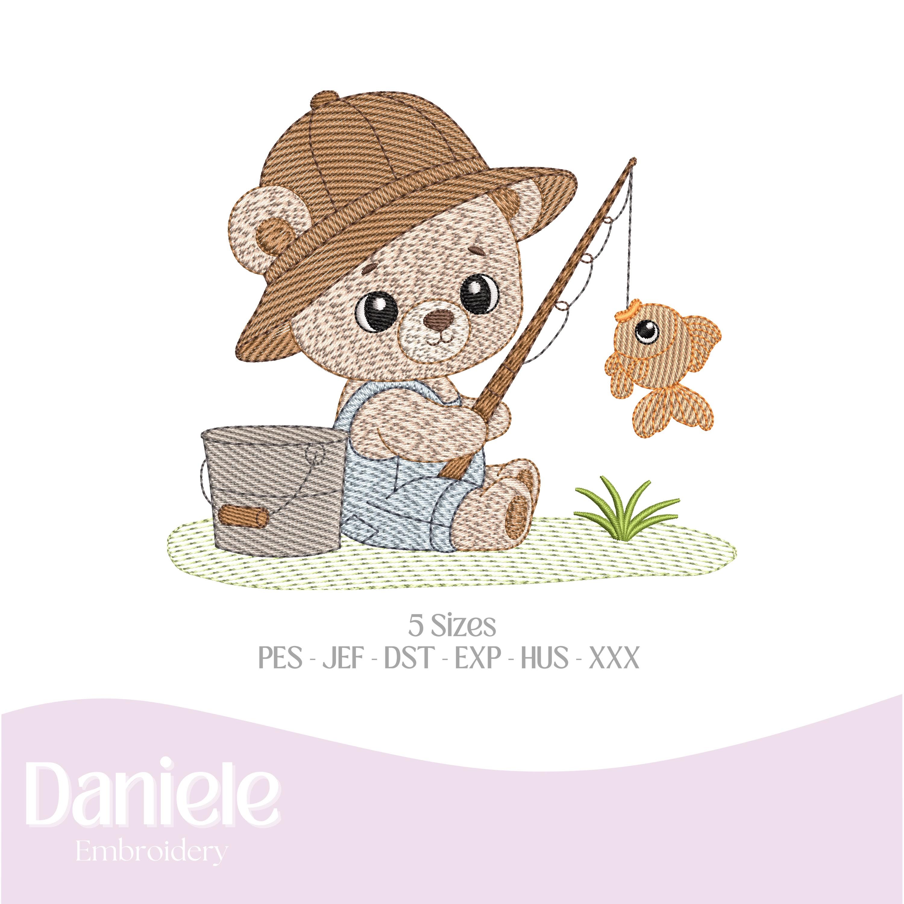 Embroidery design (Color Chart Included), baby design Teddy Bear Fisherman - Embroidery file - Digital file, 5 sizes - Instant Download
