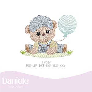 May include: An embroidered design of a teddy bear wearing a blue cap and overalls, holding a blue balloon. The bear is sitting on green grass. The text "5 Sizes" and embroidery file formats are below the bear.