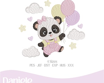 Motif de broderie (nuancier inclus), bébé panda avec ballon - Fichier de broderie - Fichier numérique, 4 tailles - Téléchargement instantané
