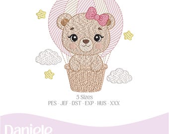Motif de broderie ourson en peluche sur ballon | Bébé fille | Ourson mignon | Fichier de broderie machine | Téléchargement instantané