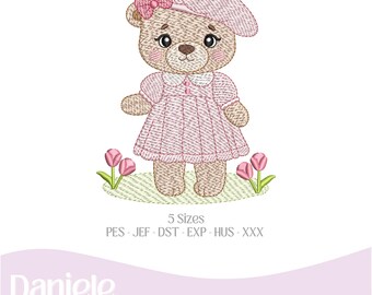 Motif de broderie (nuancier inclus), motif bébé ours en peluche vintage fille 1 - Fichier de broderie - Fichier numérique, 5 tailles - Téléchargement instantané