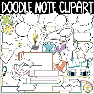 Op de afbeelding: Een set zwart-witte doodle-nootclipart met verschillende vormen, waaronder spraakballonnen, pijlen, sterren, vinkjes en een gloeilamp. De clipart is perfect om elke project een leuke en grillige touch te geven.