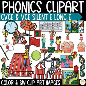 May include: A set of colorful clip art images featuring various objects, including a race track, a roller coaster, a tent, a cupcake, a keyboard, a flag, a cement mixer, a trash can, a calendar, a running figure, a puzzle, a DNA strand, a map, and a check mark. The text "CVCE & VCE SILENT E LONG E" is at the top of the image.