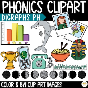 May include: Black and white clip art images of a phone, a trophy, a dolphin, a bowl of noodles, a phone, a woman in a dress, a flower, a pharaoh, and a chart with the letters of the alphabet. The text "PHONICS CLIPART DIGRAPHS PH" is at the top of the image.
