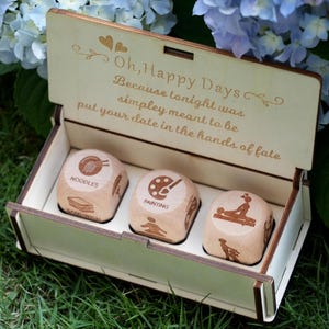 Personalized Natural Date Night Dice Box with Decision Conin and Gift Card. Custom Gift for Birthday, Couple Valentine's Day, Anniversary.