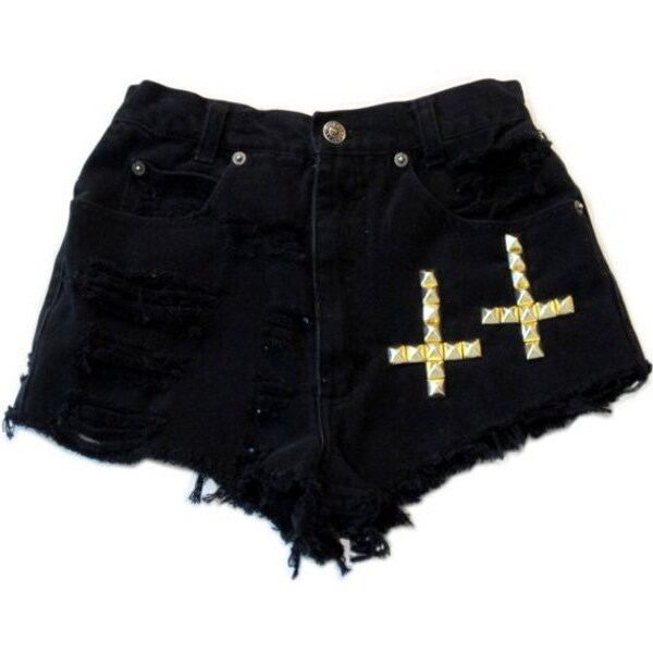 Black cutoff shorts with gold crosses