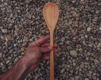 Handmade wood cooking spoon with deep rounded bowl and graceful tapered handle in golden and dark brown tones