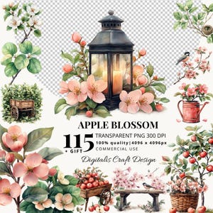Pacote de clipart de 115 flores de macieira: PNGs de aquarela com pomar de macieiras, folhas verdes, pássaros, ninhos, cestas, elementos de colheita e muito mais