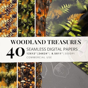 40 Wald nahtlose Muster - Pilz Motive digitales Papier Set mit Farn und wilden Beeren Design für Junk Journals, Scrapbooking und mehr