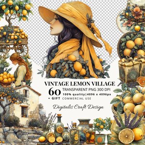 60 clipart vintage PNG di limone: set rustico di agrumi in stile cottagecore con illustrazioni di fattoria, botanica e alberi di limone per il fai da te