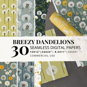 30 dandelion digital paper: nature inspired seamless pattern set for scrapbooking, vintage floral design, trendy fabric and DIY crafts