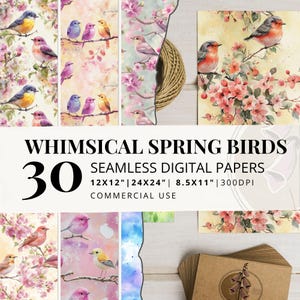 30 Frühlings Vögel Muster Set, süße Vögel digitales Papier für Ostern. Aquarell Pastell Hintergründe, Vogel Illustration, Blumenmuster