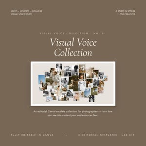 May include: A brown digital template graphic titled Visual Voice Collection No. 01. It features a central white rectangular frame containing a collage of various small black and white and color photographs. The text includes Light Memory Meaning and A Study in Seeing for Creatives.