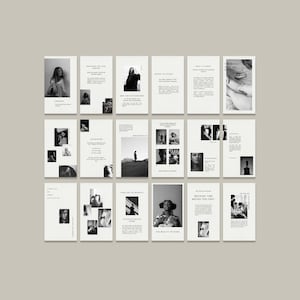 May include: A set of sixteen monochrome photo cards with text and images. The cards display various photographs of people and text including "Preparing for your season" and "The beauty of now."