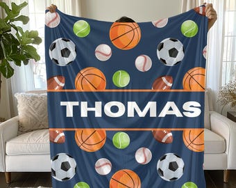 Personalized kids Sports blanket, Custom Blanket, Basketball football baseball blanket, gift for him, team gift, fleece blanket