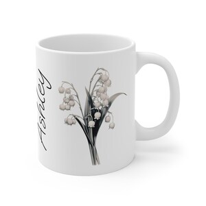 May Birth Month Flower Gift, Lily of the Valley, Personalized Name Mug, Floral Ceramic Mug, Customized Coffee Cup, Spring Birthday Present