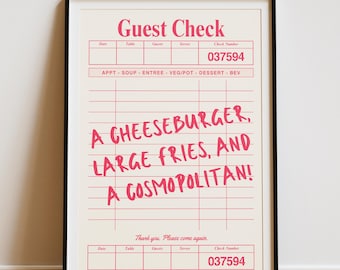 Carrie Bradshaw „Cheeseburger Cosmopolitan” – wydruk z filmu „Sex w wielkim mieście”: plakat z czekiem dla gości w formacie A3 (pobranie cyfrowe)