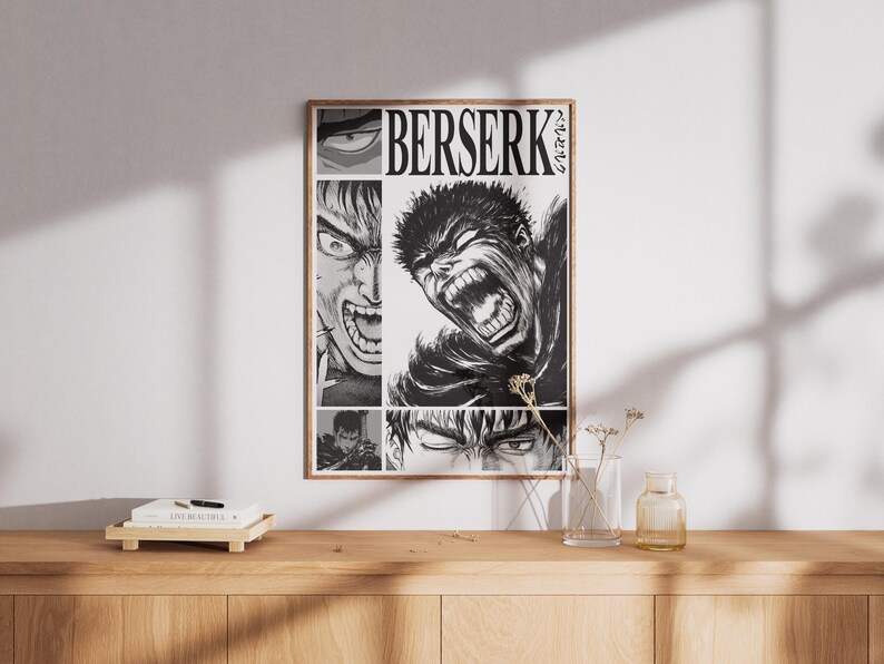 May include: Black and white poster featuring a character from the anime series Berserk. The character is shown with a fierce expression and a sword in hand. The poster has the title "Berserk" in bold white letters.