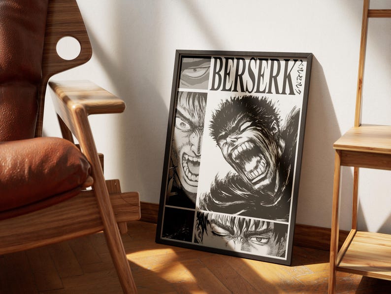 May include: Black and white poster with the title "Berserk" in bold white letters. The poster features a close-up of a character with a fierce expression, with a background of other characters from the manga.