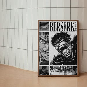 May include: Black and white illustration of characters from the manga series "Berserk". The image features a close-up of a character with a fierce expression and the title "Berserk" in bold letters.