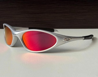 Oakley Minute 1.0 Silver Sunglasses: Red Iridium Lenses, Gorpcore Outdoor Vintage Y2K plate splice
