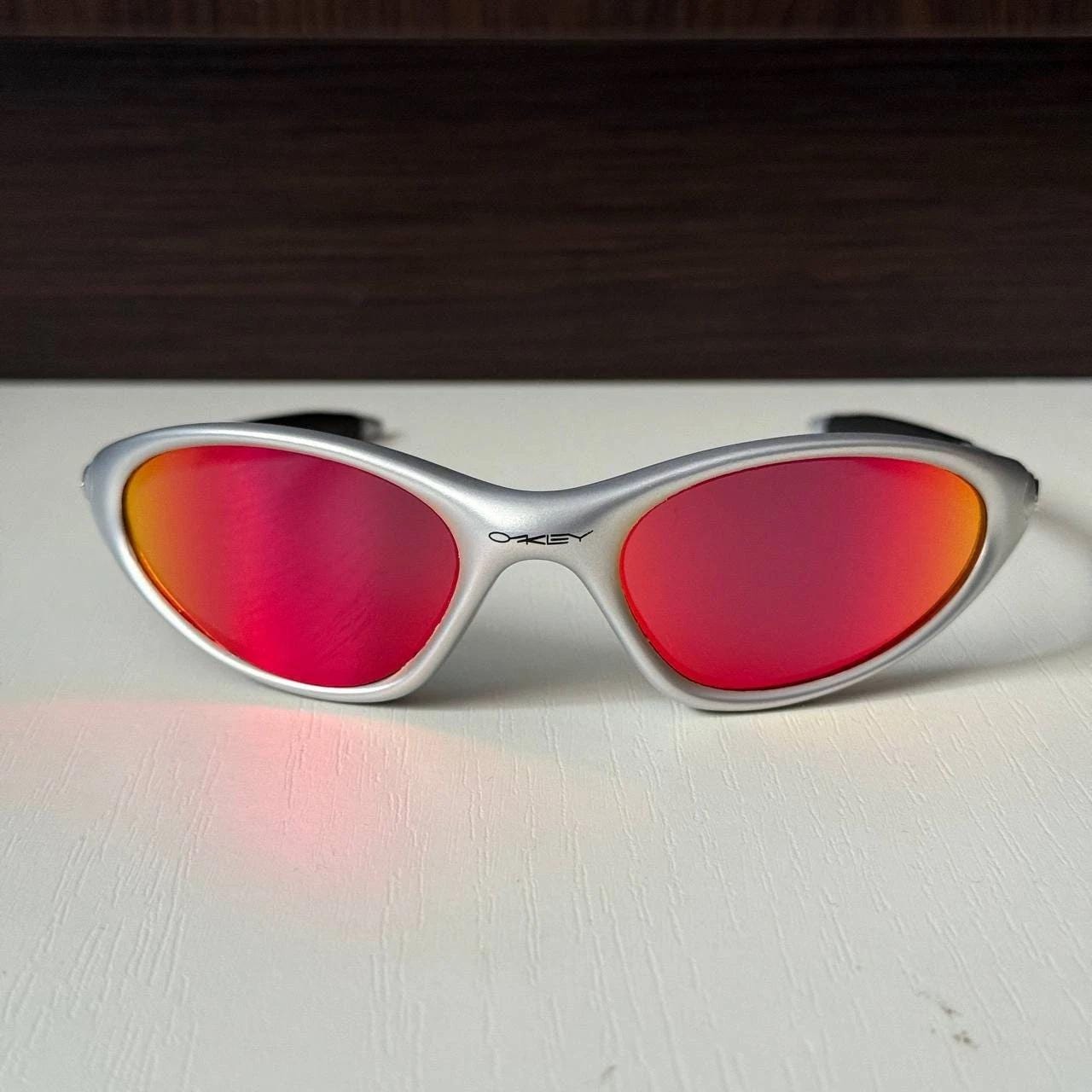 Oakley Minute 1.0 Silver Sunglasses: Red Iridium Lenses, Gorpcore