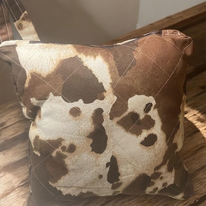 Handmade Minky Cow Print Travel Pillow: Hidden Pocket Tech Storage
