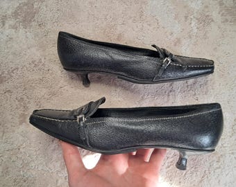 Authentic PRADA Black Leather Kitten Heel Loafers Square Toe Shoes Size 36.5 IT