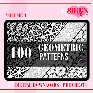 May include: A digital download of 100 geometric patterns for Procreate. The patterns are black and white and feature a variety of geometric shapes. The text "VOLUME 1" and "100 GEOMETRIC PATTERNS" is visible on the image.