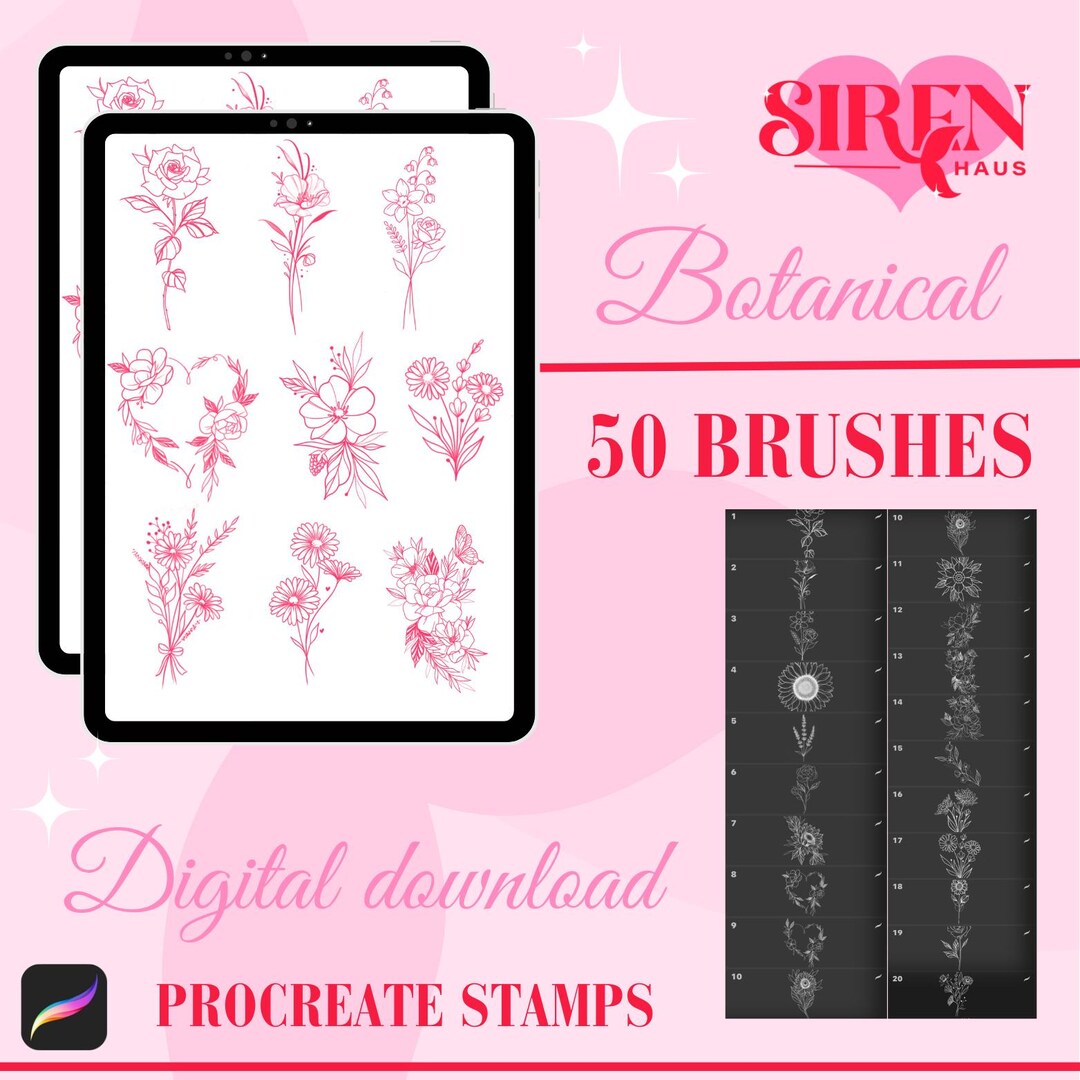 Procreate Brush Set | 50 Botanical Stamps | SIRENHAUS - Etsy