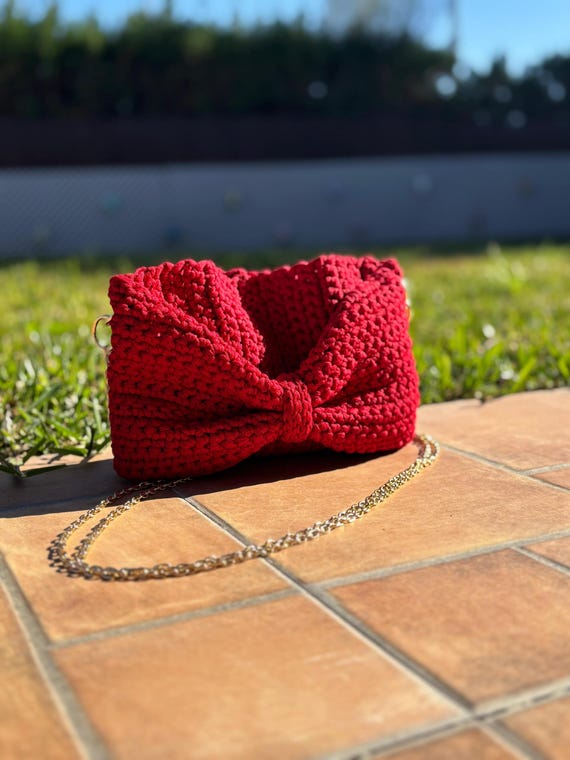 Handcrafted Red Crochet Bow Tote Bag Cotton Handmade Crochet Bag with Bold Red Bow Elegant  main image 2