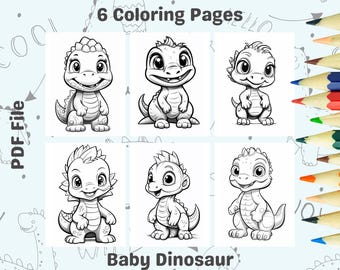 May include: Six black and white coloring pages featuring cute baby dinosaurs. The title "Baby Dinosaur" is at the bottom of the page.  The text "6 Coloring Pages" is at the top of the page.