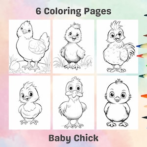 Puede incluir: Seis páginas para colorear en blanco y negro con pollitos bebés. Las páginas se titulan "Baby Chick" y "6 Coloring Pages".