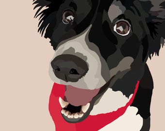 Puede incluir: Un perro blanco y negro con una bandana roja alrededor del cuello. El perro está mirando hacia arriba con la boca abierta y la lengua fuera. El perro tiene una expresión feliz en su rostro.