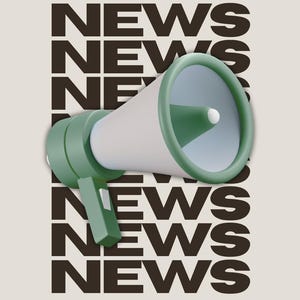 May include: A 3D-rendered megaphone with a white cone and sage green accents, positioned over a background featuring the word NEWS repeated in a dark brown, bold, sans-serif font arranged in a vertical grid pattern across the entire frame.