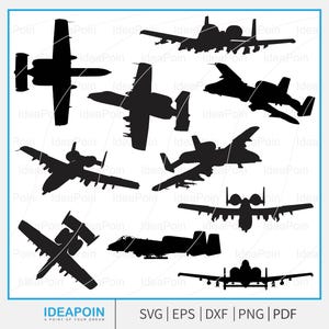 Puede incluir: Ilustraciones en silueta negra de varios aviones militares, incluido el A-10 Thunderbolt II, sobre un fondo blanco. La imagen incluye el texto "IDEAPOIN" y opciones de tipo de archivo: SVG, EPS, DXF, PNG y PDF.