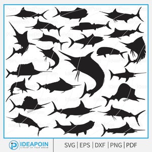 Puede incluir: Ilustraciones en silueta negra de varias especies de peces, incluyendo marlines y peces vela, sobre un fondo blanco. La imagen incluye el texto "IDEAPOIN A POINT OF YOUR DREAM" y opciones de tipo de archivo: SVG, EPS, DXF, PNG y PDF.