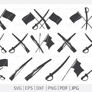 Könnte beinhalten: Eine Sammlung schwarzer Silhouette-Illustrationen mit gekreuzten Gewehren, Säbeln und Flaggen. Die Designs umfassen verschiedene Kombinationen dieser Elemente, geeignet für historische oder militärische Projekte. Der Text "SVG | EPS | DXF | PNG | PDF | JPG" ist ebenfalls enthalten.