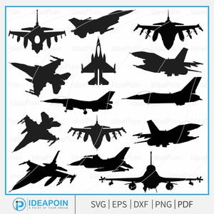 May include: A collection of black silhouette images of fighter jets in various poses. The image includes the text "IDEAPOIN" and file type options: SVG, EPS, DXF, PNG, and PDF.