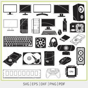 May include: Black and white vector illustration of computer components, including monitors, a tower, keyboard, mouse, USB drive, fan, headphones, webcam, speakers, hard drive, RAM, a game controller, and a CPU. The image also includes the text "SVG | EPS | DXF | PNG | PDF".