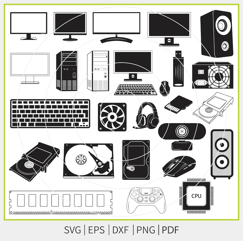 Puede incluir: Ilustraci&oacute;n vectorial en blanco y negro de componentes de computadora, que incluyen monitores, una torre, teclado, rat&oacute;n, unidad USB, ventilador, auriculares, c&aacute;mara web, altavoces, disco duro, RAM, un controlador de juegos y una CPU. Tambi&eacute;n incluye el texto "SVG | EPS | DXF | PNG | PDF".