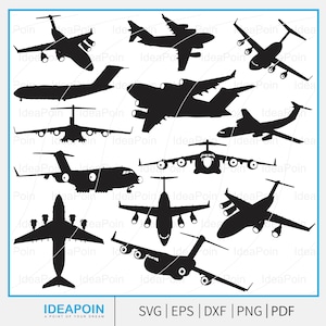 Puede incluir: Una colección de siluetas negras de aviones en varios diseños. La imagen incluye múltiples aviones, mostrando diferentes configuraciones de alas y cola. La parte inferior de la imagen muestra el texto "IDEAPOIN" y las opciones de tipo de archivo: SVG, EPS, DXF, PNG y PDF.
