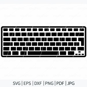 Puede incluir: Ilustraci&oacute;n vectorial en blanco y negro de un teclado. El teclado tiene forma rectangular con numerosas teclas cuadradas y rectangulares. Las teclas est&aacute;n dispuestas en forma de cuadr&iacute;cula, con una barra espaciadora larga en la parte inferior. El texto es: SVG | EPS | DXF | PNG | PDF | JPG.