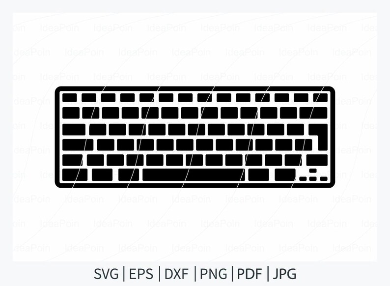 Puede incluir: Ilustraci&oacute;n vectorial en blanco y negro de un teclado. El teclado tiene forma rectangular con numerosas teclas cuadradas y rectangulares. Las teclas est&aacute;n dispuestas en forma de cuadr&iacute;cula, con una barra espaciadora larga en la parte inferior. El texto es: SVG | EPS | DXF | PNG | PDF | JPG.