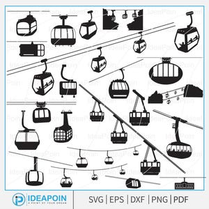 May include: A collection of black and white vector illustrations depicting different types of cable cars, gondolas, and chairlifts. The image showcases various aerial lift designs, with the "IDEAPOIN" logo and file type options: SVG, EPS, DXF, PNG, and PDF.