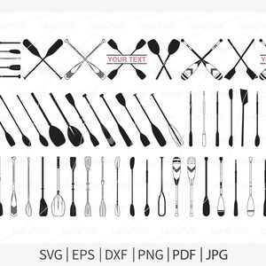 Peut inclure: Illustrations vectorielles en noir et blanc de différentes pagaies et rames. Certaines sont croisées, et certaines ont de l'espace pour le texte. Le bas de l'image affiche les types de fichiers : SVG, EPS, DXF, PNG, PDF et JPG.