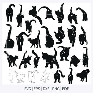 Può includere: Una collezione di sagome di gatti neri in varie pose, alcune con dettagli a stella o cuore. L'immagine include il testo "SVG | EPS | DXF | PNG | PDF" in basso, che indica i formati di file.